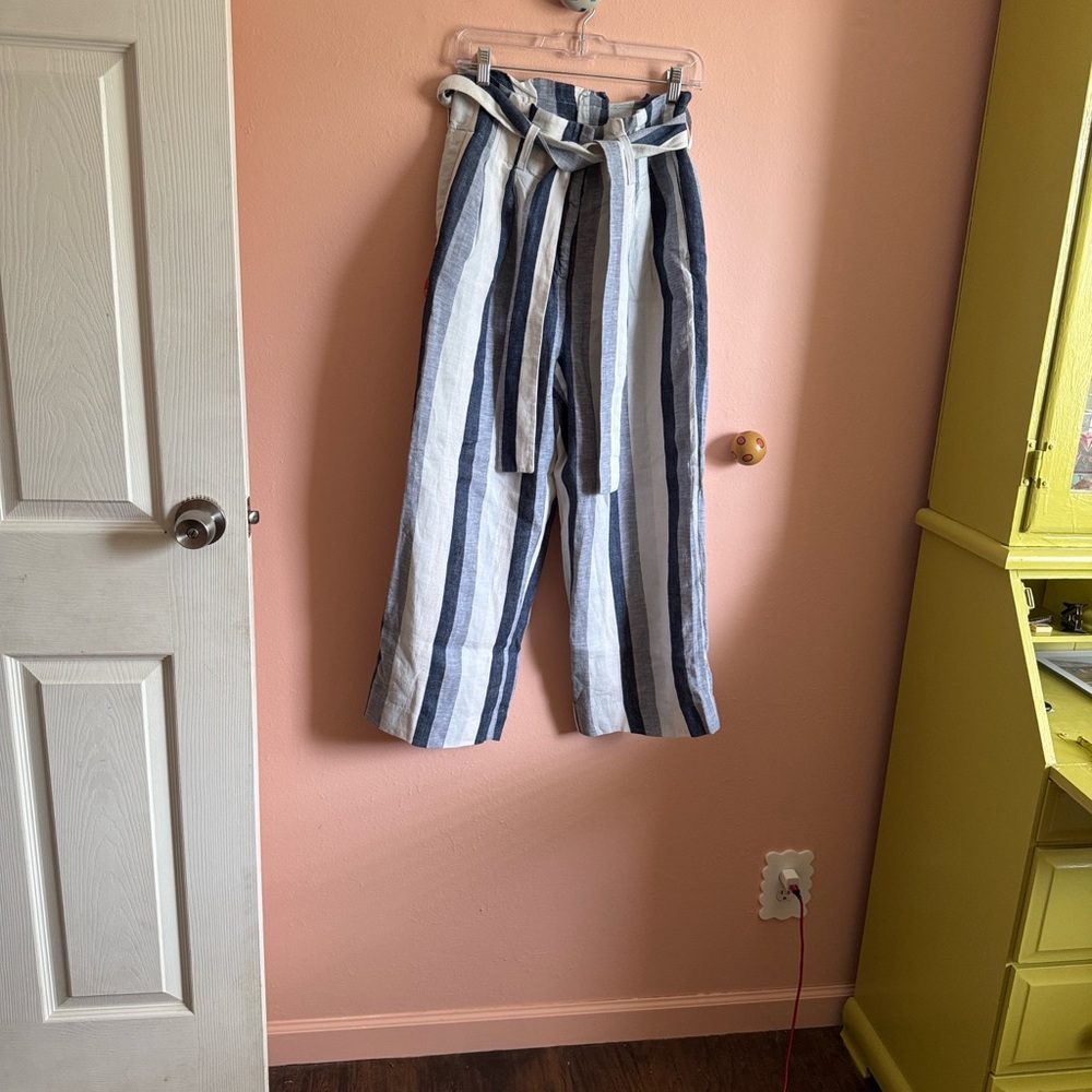 Striped Wide-Leg Linen Pants with Belt